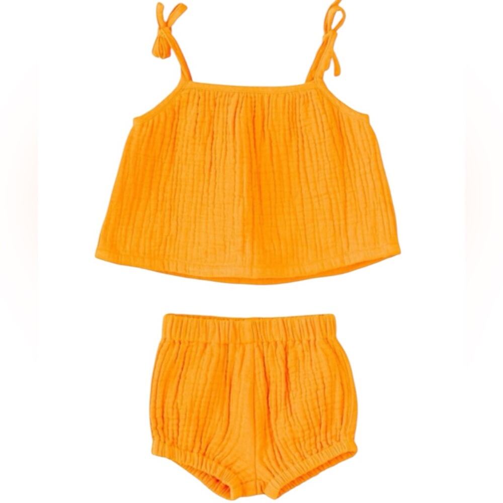 NEW CULT GAIA Babies' Rooney Shorts Set In Orange Sz 12 Month Cotton Textured